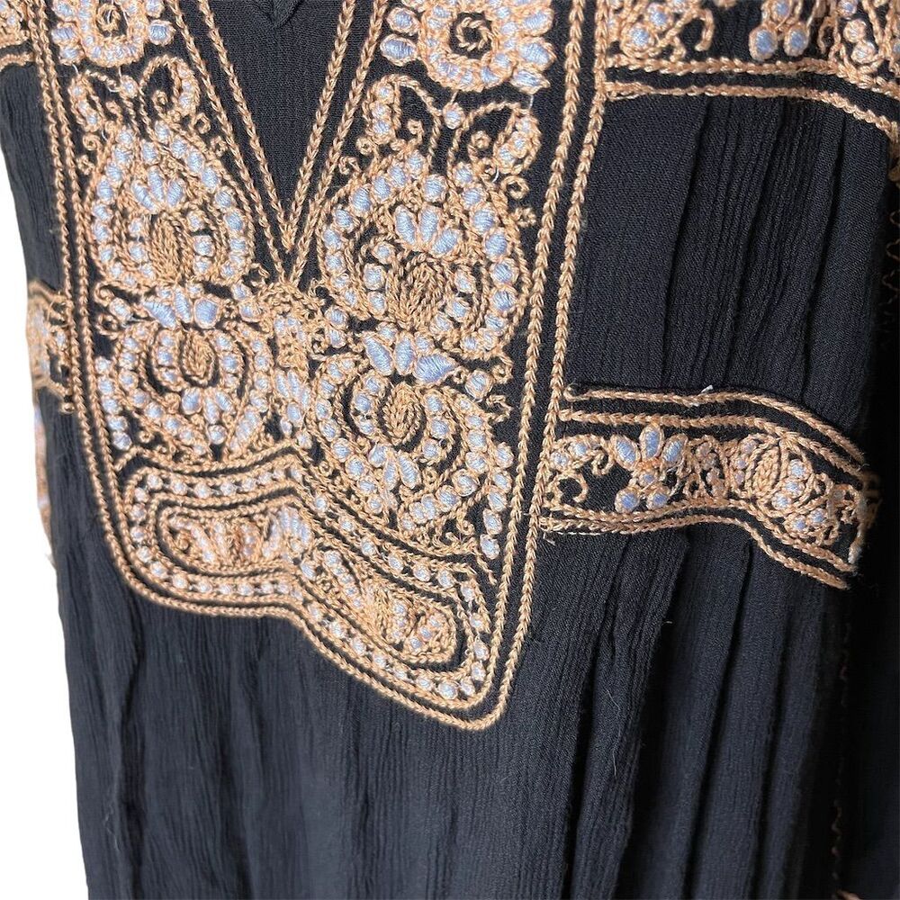 Free People Wind Willow Embroidered Boho V-Neck Tassel Mini Dress S Black - Picture 4 of 7